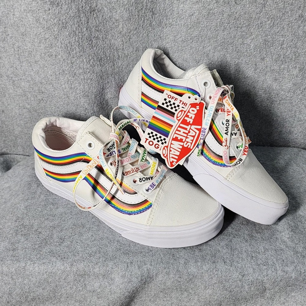 Vans Old Skool Shoes Womens Size 6.5 Mens 5 White Rainbow Pride Love Laces Rare
